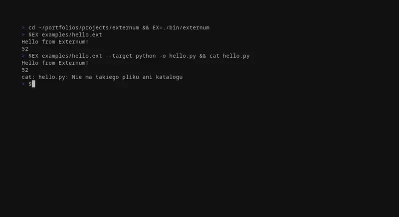 externum compiling the same source to Python and Bash targets