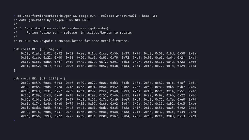 fortis keygen deriving an ML-KEM-768 keypair for firmware