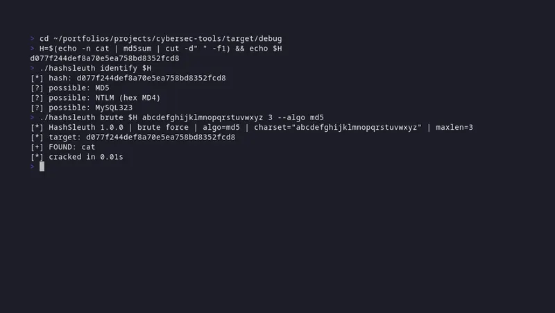 hashsleuth identifying an MD5 hash and cracking it by brute force