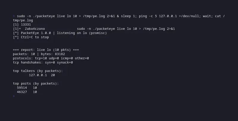 packeteye capturing and analyzing live packets on loopback