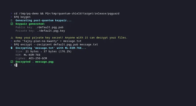 pqguard generating a keypair and encrypting a file with ML-KEM-768