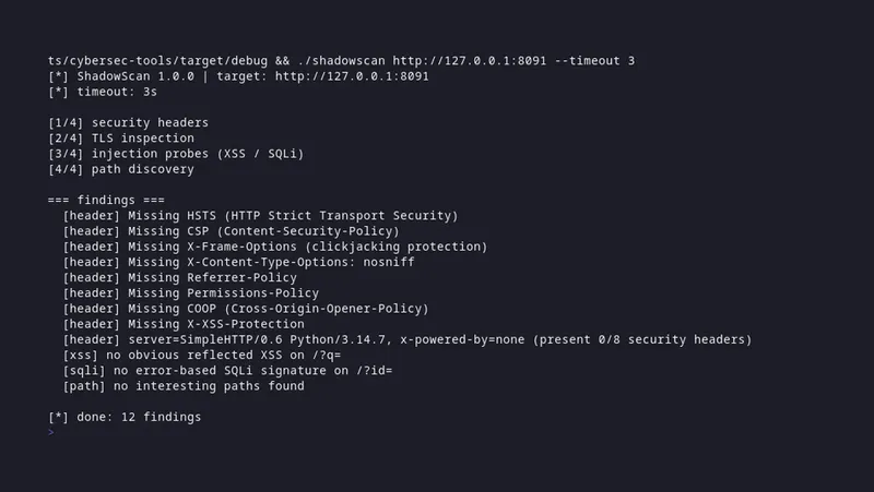 shadowscan auditing a live local web server and reporting 12 security findings
