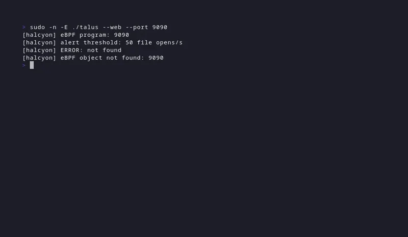 talus-process-monitor running live with eBPF probes loaded